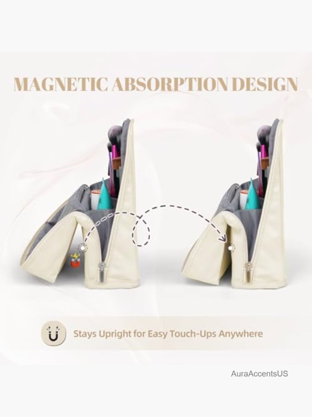 Portable Leather Cosmetic Bag with Magnetic Stand, Waterproof Makeup Organizer - Picture 5 of 7